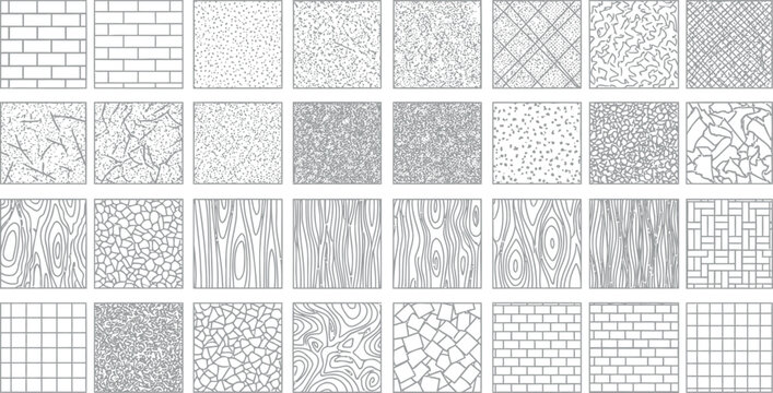 Architectural section fill patterns and material symbols for technical drawings with architecture technical material construction blueprint engineering drafting schematic ornament structural