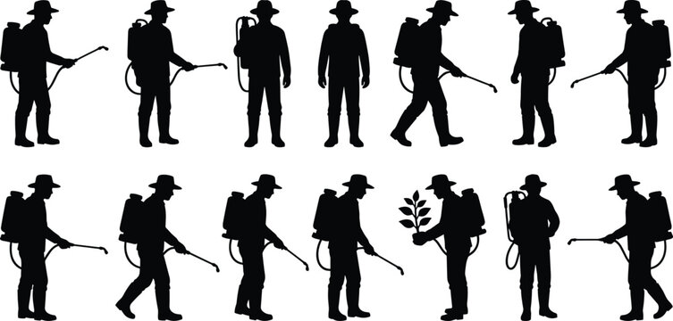 Agricultural Worker with Backpack Sprayer Silhouette Collection for Crop Protection and Farm Maintenance