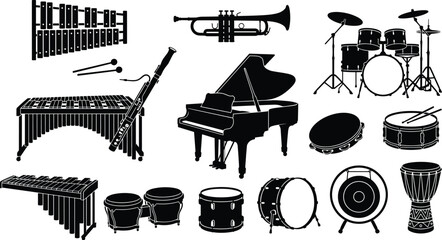 A professional minimalist black vector icon set featuring classical musical instruments drums trumpet and grand piano © Tanzila