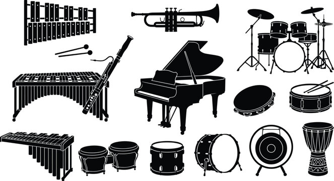 A professional minimalist black vector icon set featuring classical musical instruments drums trumpet and grand piano