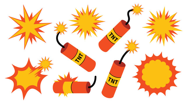 Several sticks of red TNT with burning fuses and various explosion shapes are arranged in a vibrant cartoon style on a white background.