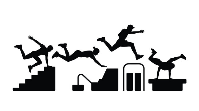 Dynamic black silhouettes of athletic individuals performing parkour maneuvers over geometric obstacles on a clean solid white background.