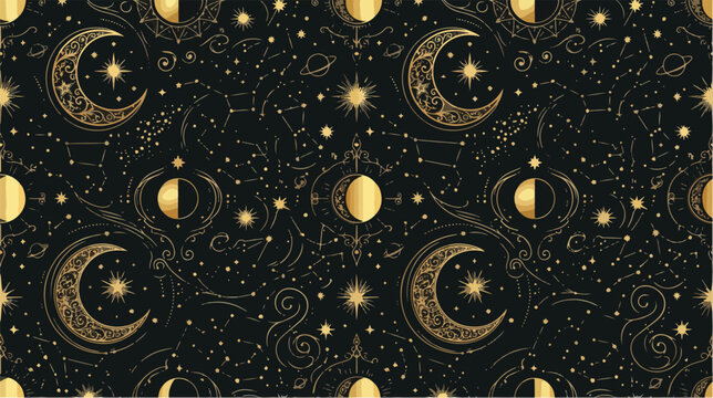 Seamless pattern featuring ornate golden moons and intricate constellations on a dark luxury background texture