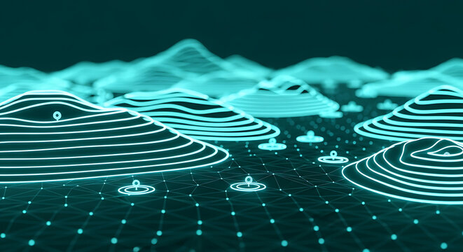 Abstract digital terrain map with topographical lines and glowing data points topography landscape technology visualization abstract communication geometry environment coordinates technical