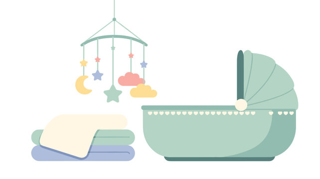 A cozy nursery scene features a pastel-colored baby crib, a hanging mobile with stars and clouds, and a stack of soft folded blankets.