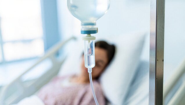 A patient is receiving intravenous therapy while resting in a hospital bed. Medical treatment and care.