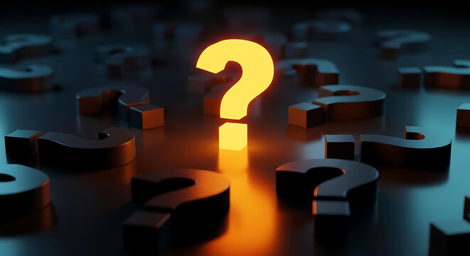 Glowing yellow question mark surrounded by dark metallic question marks on reflective surface with question uncertainty decision solution confusion business information thinking reflection