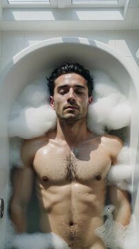 Young man lying in white bathtub with soap bubbles, high angle view, overhead shot, indoor setting