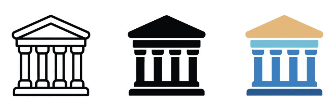 Courthouse Building Icons Featuring Classical Pillars and Triangular Roof Architecture, Vector Illustration for Law Firms, Judicial Systems, and Civic Administration Graphics