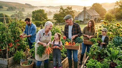 Obraz premium A family of five, including a child, harvests vegetables in a lush, green garden, with a backdrop of rolling hills and a clear sky.