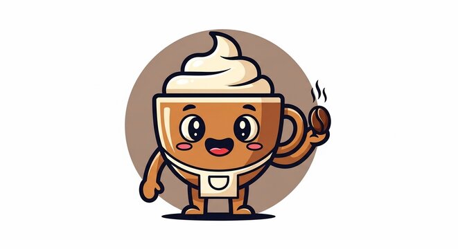 Cartoon coffee cup character with whipped cream waving