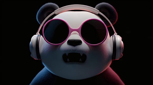 A stylized panda wearing headphones and cool sunglasses, lit by neon lights