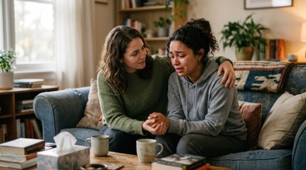 Fototapeta premium Two women hugging on a couch in a cozy living room with a blue couch and a wooden coffee table.
