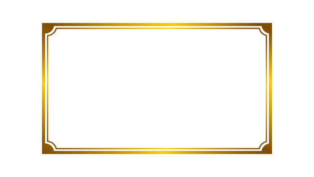 Simple and elegant rectangular shiny golden outline frame with stylish corner isolated on transparent background. Decorative golden metal gradient border frame for luxury designs. Vector illustration.