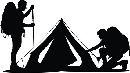 Silhouette of two hikers setting up a tent with backpacks and poles on white background camping © MdMarijul