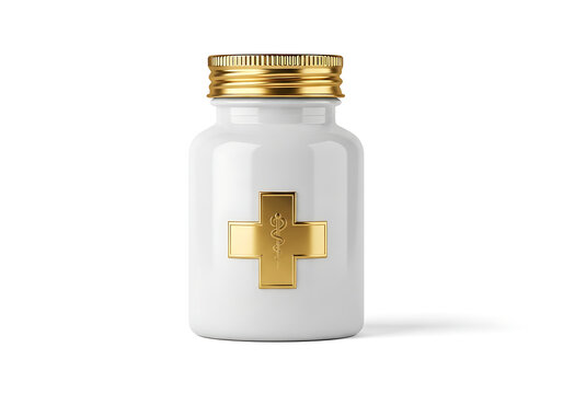 White medicine bottle with gold cross and cap