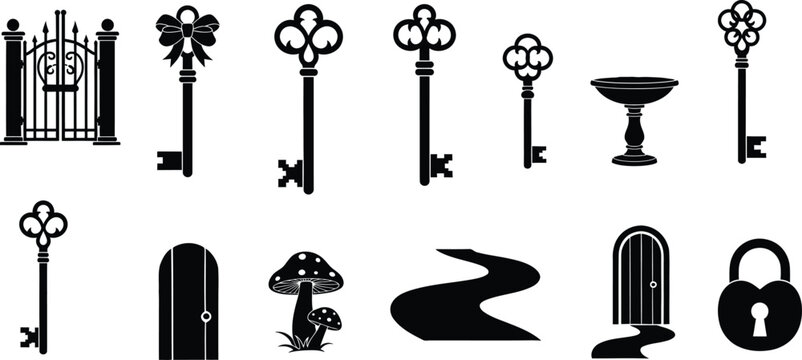 Set of black silhouette icons featuring vintage keys gates doors and garden elements for design