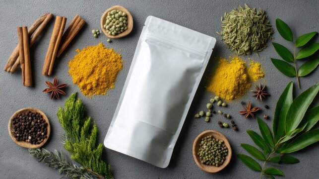 Assorted Spices and Herbs with a Blank Packaging Bag for Culinary Creations and Seasoning Ideas