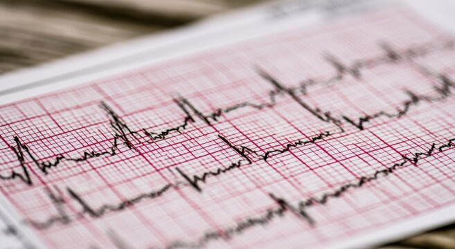 Close-up of a medical heart rhythm graph on red grid paper
