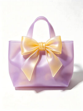 pearlescent lavender-pale yellow gradient glossy ceramic gift tote bags with matching satin bow ornament, clean solid pure white minimalist studio background, soft diffused natural shadow, wedding fav