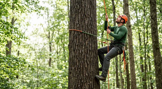 Professional male arborist climbing a large tree trunk in a green forest. Man wearing safety harness and helmet ascending with ropes and gear