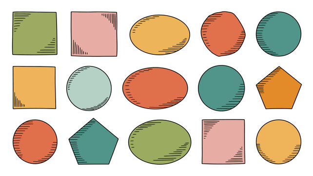 Colorful abstract shapes with gradient fills and texture patterns in a grid layout