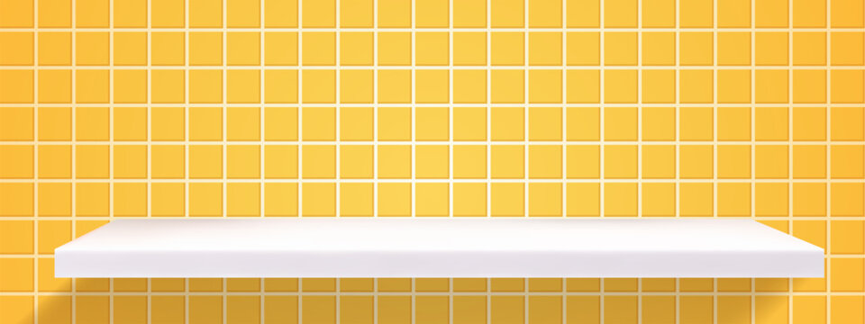 Tile pattern kitchen with yellow bathroom 3d and shelf product background. Wall empty counter with mock pixel geometric and interior countertop pool. Bathroom floor tile with yellow table.