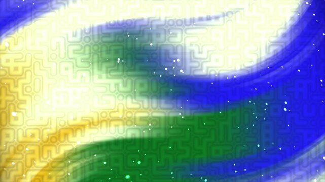 Abstract digital background with wavy blue, green, and yellow patterns and geometric textures.