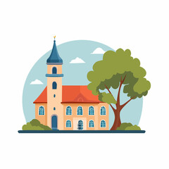 Naklejka premium Illustration of a Church Building with a Tall Steeple and a Large Tree
