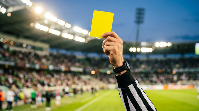 Referee holding yellow card in soccer stadium