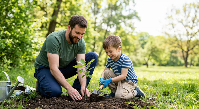 Father and son planting a tree sapling in a park. Happy dad and boy gardening together on a sunny day. Environmental conservation and ecology concept