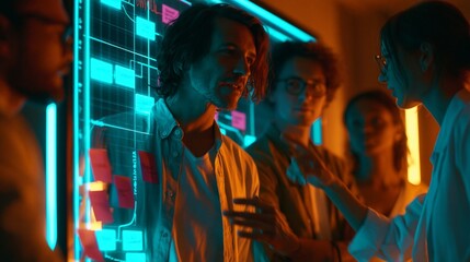 Naklejka premium Medium shot of a diverse remote security team intensely collaborating on a digital whiteboard featuring breach containment steps with timeline blocks under neon cyan and amber