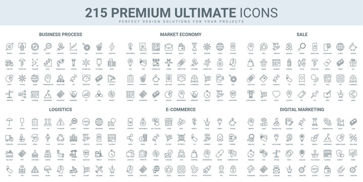 Ecommerce, stock market profit, business process thin black line icons set vector illustration. Outline symbols of warehouse distribution and delivery, advertising of product for sales growth