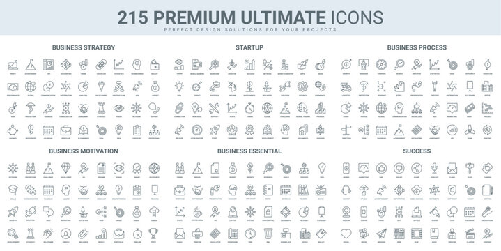 Business creative idea and strategy for success, startup investment, motivation of entrepreneurship thin black line icons set vector illustration. Outline symbols of company development process