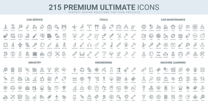 Car repair and maintenance service, industry and engineering system thin black line icons set vector illustration. Outline symbols of engineer, toolbox of repairman, AI manufacturing technology