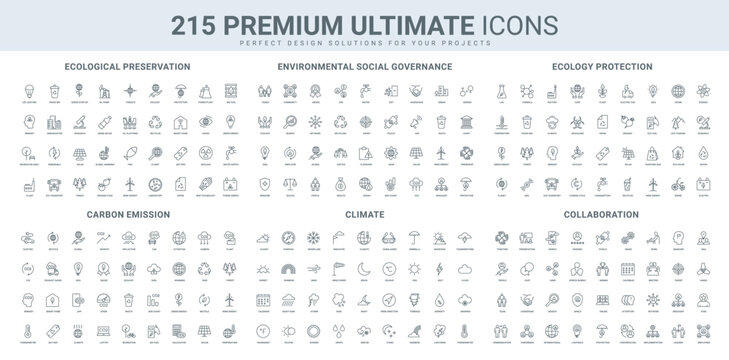 CO2 emissions, ESG principles and corporate teamwork, collaboration line icon set. Eco transport, carbon reduction and waste recycling protect ecology thin black outline symbols vector illustration