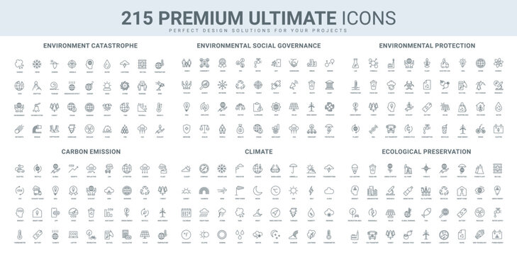 Ecology protection, ESG regulation, green energy startup and CO2 neutral line icon set. Climate change and natural catastrophes, weather calendar thin black outline symbols vector illustration