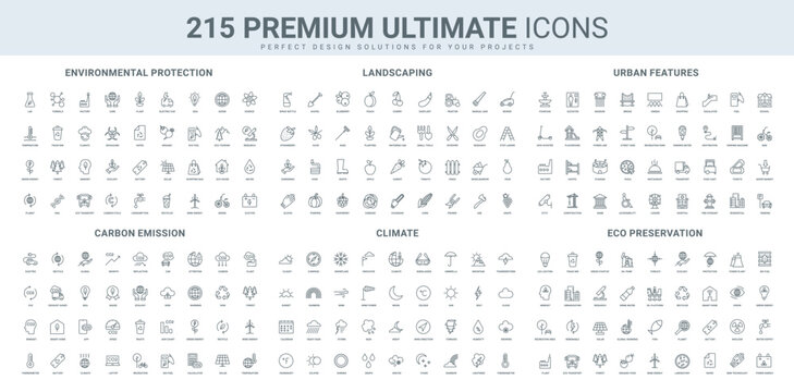 Urban infrastructure, landscaping and farmers equipment, CO2 emissions, meteorology line icon set. Save and care world ecology, nature conservation thin black outline symbols vector illustration