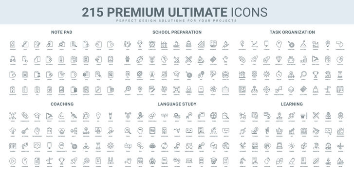 Comprehensive icon set focused on education, task management, school preparation, coaching language learning, planning, goals, teamwork, and progress icons for learning organizational projects.