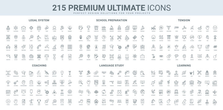 Legal law and justice, school education and graduation, learning language line icon set. Coaching for growth of employee skills, training and recruiting thin black outline symbols vector illustration