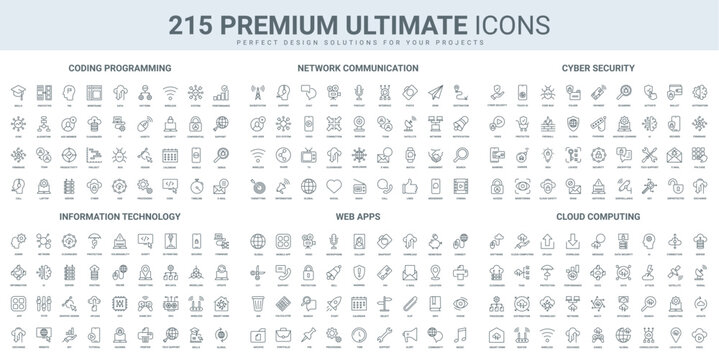 Program code and network communication, mobile app for media thin black line icons set vector illustration. Outline symbols of online video and TV, data protection and cloud computing, support