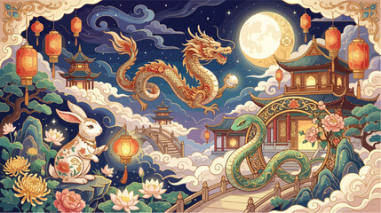 Golden dragon and patterned rabbit celebrate the lunar new year amidst traditional chinese architectural style buildings © hadi