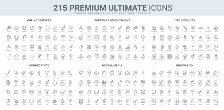 Online service with mobile app, sensor and connection, digital media films and music, devices line icon set. Develop software, application notification thin black outline symbols vector illustration