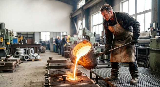 Male foundry worker pouring molten metal into a mold. Industrial metallurgical factory employee casting hot liquid iron from a crucible