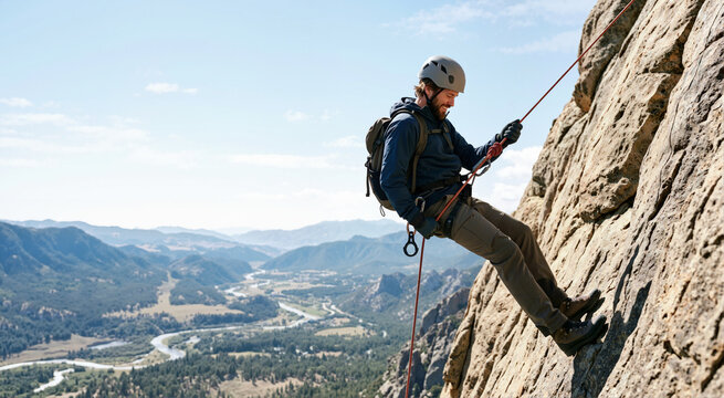 Adventurous man rappelling down steep rock face. Smiling climber descending mountain cliff with rope and harness above scenic valley