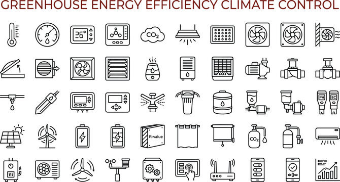 Greenhouse Energy Efficiency Climate Control Line Icons Set for Smart Monitoring Sustainable Agricultural Systems