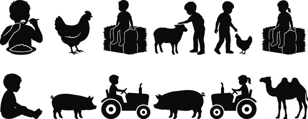 Farm Life and Agricultural Animals Silhouette Collection with Children Livestock Tractor and Rural Activities © Mst