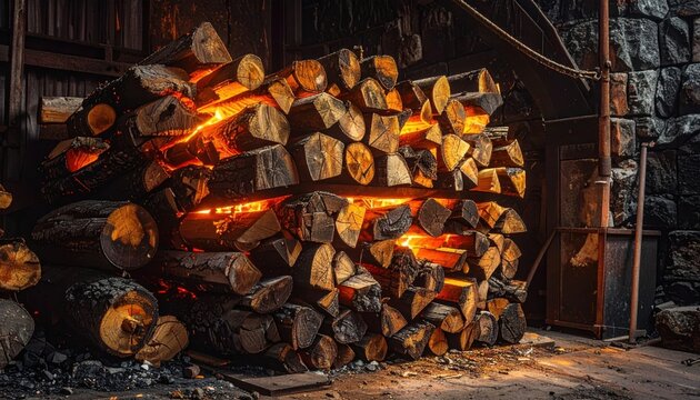 Neatly stacked logs of split firewood glowing with intense heat, ready for burning.