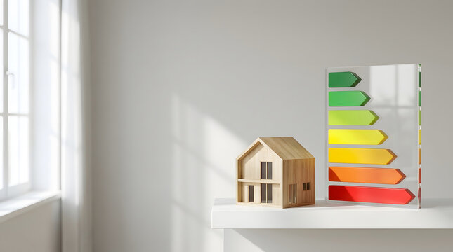 Wooden house model beside a vertical energy efficiency rating scale for home performance assessment and sustainable property planning