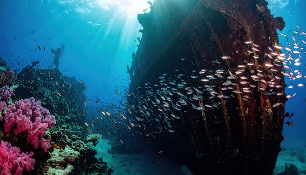 Schools of tiny iridescent fish swirl around a mysterious shipwreck bathed in dappled sunlight